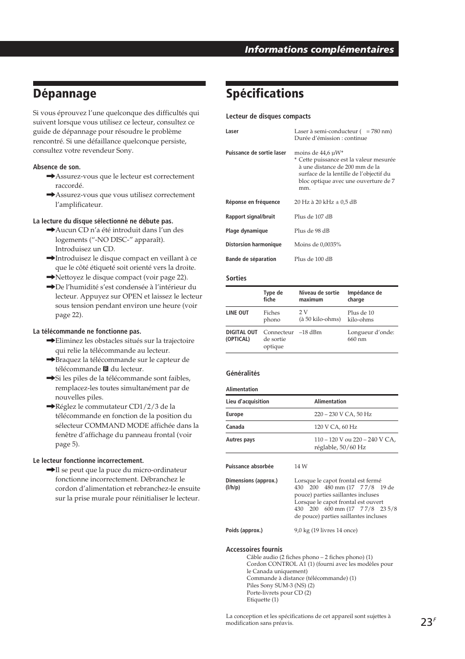Spécifications, Dépannage, Informations complémentaires | Sony CDP-CX250 User Manual | Page 46 / 93