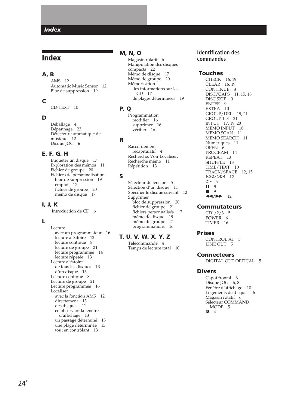 Additional information, Index, A, b | E, f, g, h, I, j, k, Identification des commandes touches, Commutateurs, Prises, Connecteurs, Divers | Sony CDP-CX250 User Manual | Page 47 / 93