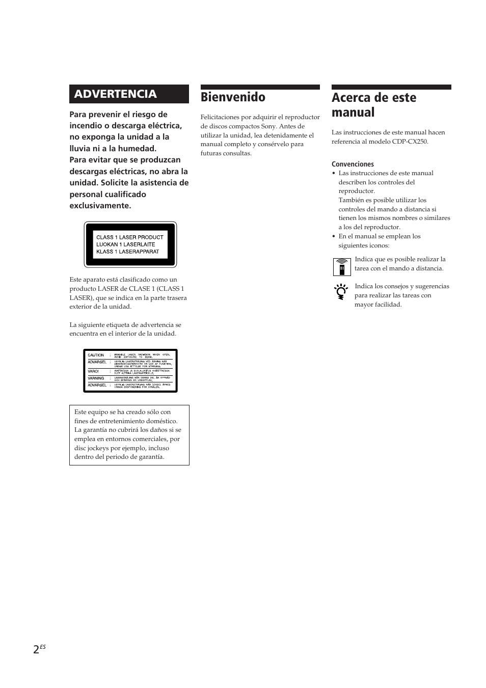Bienvenido, Acerca de este manual, Advertencia | Sony CDP-CX250 User Manual | Page 48 / 93