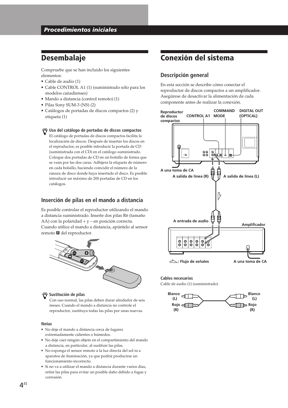 Conexión del sistema, Desembalaje, Procedimientos iniciales | Descripción general, Inserción de pilas en el mando a distancia | Sony CDP-CX250 User Manual | Page 50 / 93