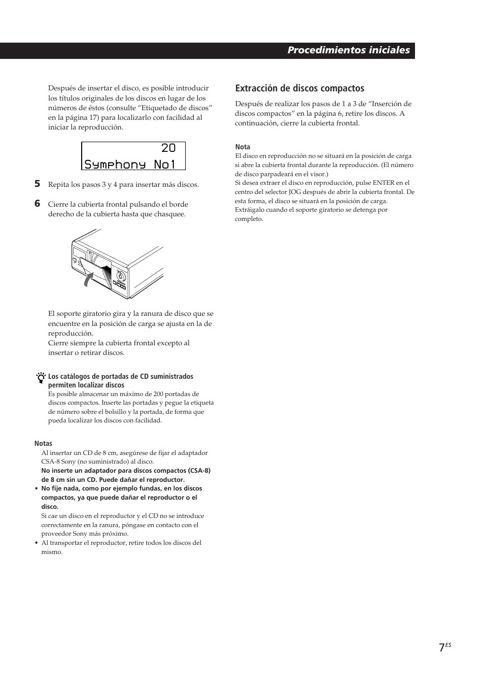 Symphony no1, Playing cds getting started, Procedimientos iniciales | Extracción de discos compactos | Sony CDP-CX250 User Manual | Page 53 / 93