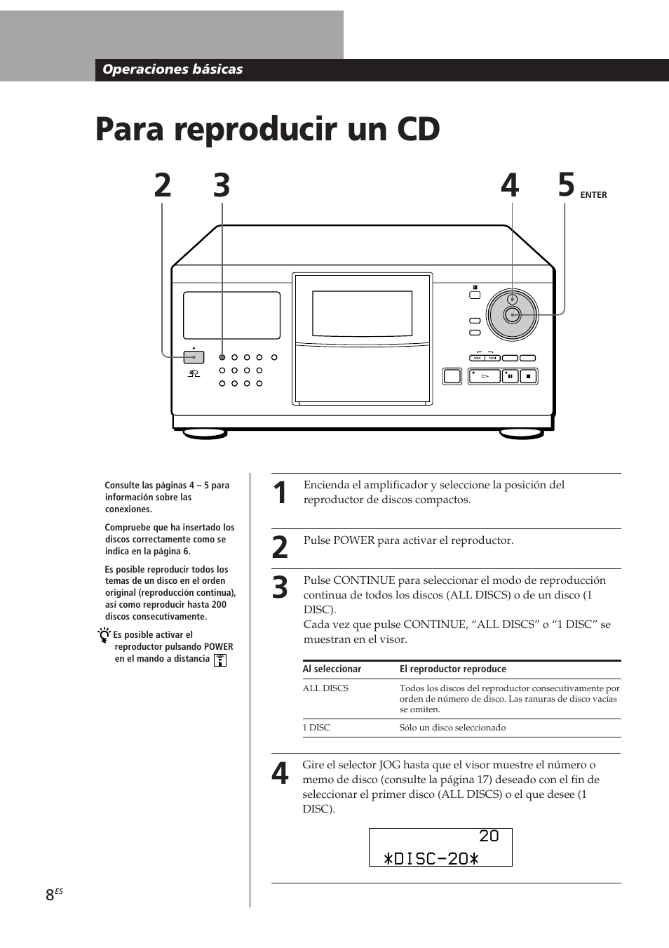 Para reproducir un cd, Disc-2o, Operaciones básicas | Sony CDP-CX250 User Manual | Page 54 / 93
