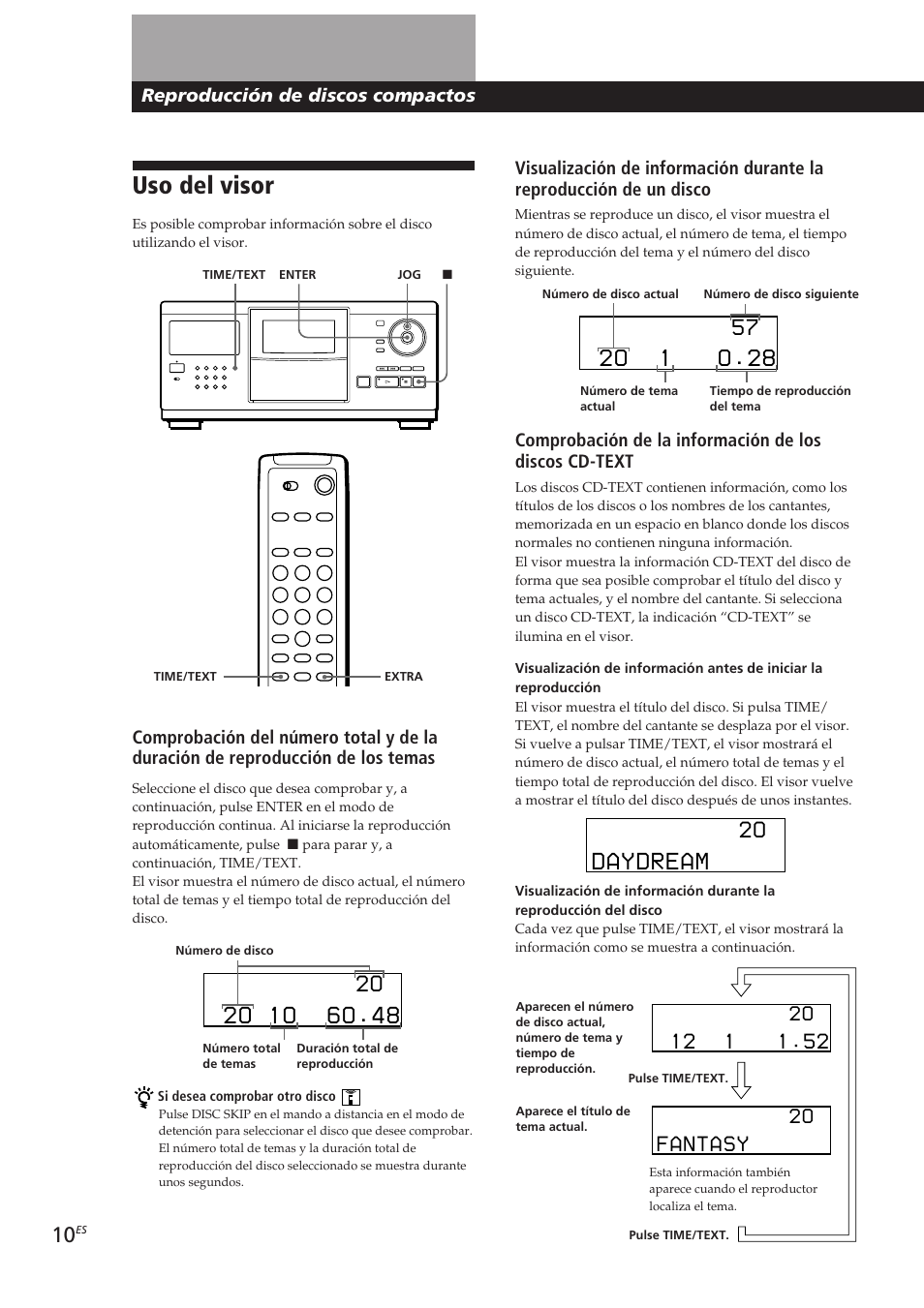 Uso del visor, 2o 1 o.28, Daydream | Fantasy, Reproducción de discos compactos | Sony CDP-CX250 User Manual | Page 56 / 93