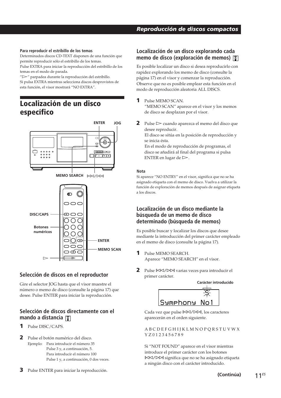 Localización de un disco específico, Symphony no1, Selección de discos en el reproductor | Sony CDP-CX250 User Manual | Page 57 / 93
