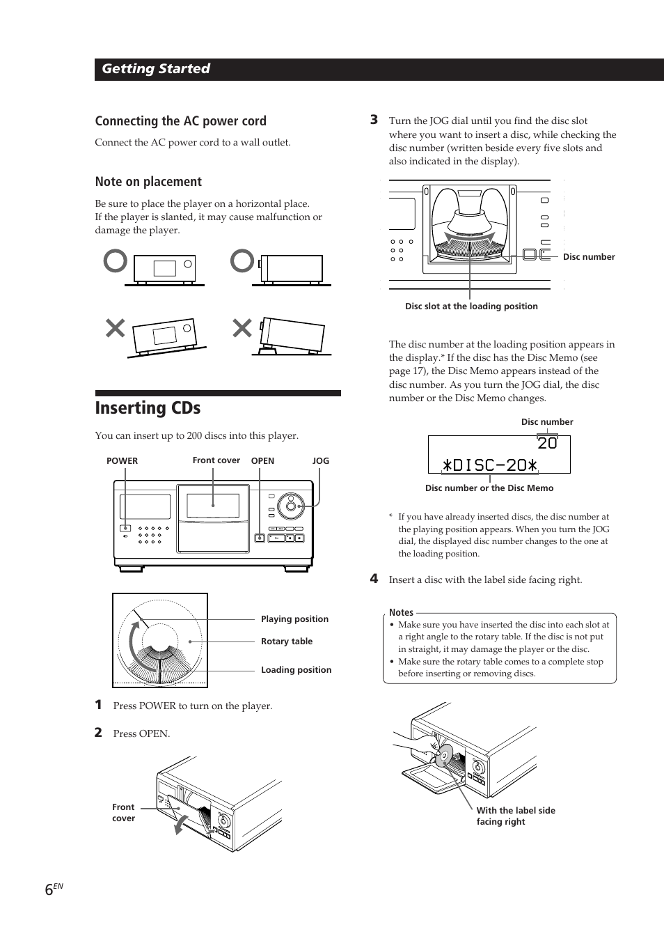 Inserting cds, Disc-2o, Getting started | Connecting the ac power cord | Sony CDP-CX250 User Manual | Page 6 / 93