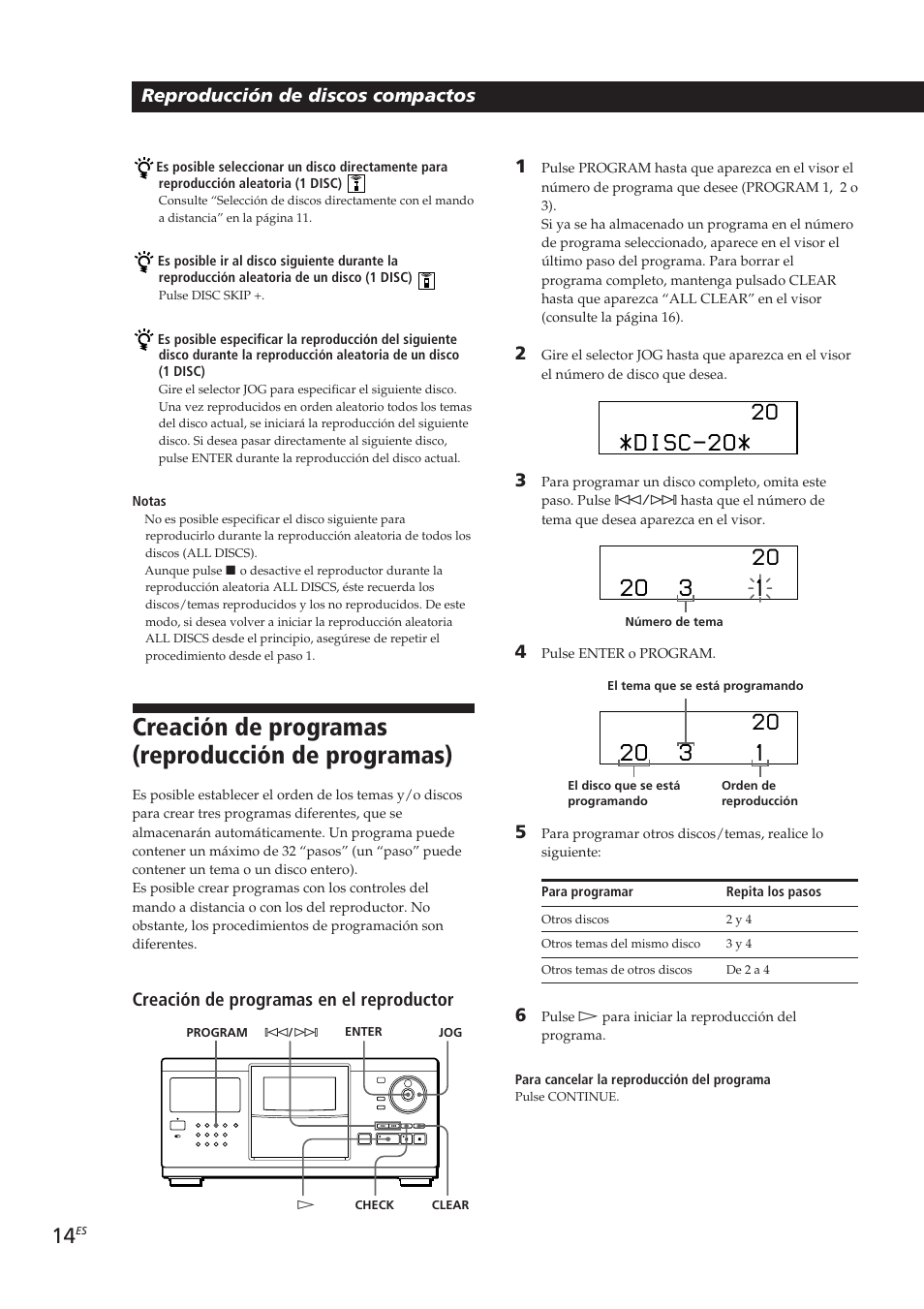 Creación de programas (reproducción de programas), Disc-2o, 2o 3 1 | Reproducción de discos compactos, Creación de programas en el reproductor 1 | Sony CDP-CX250 User Manual | Page 60 / 93
