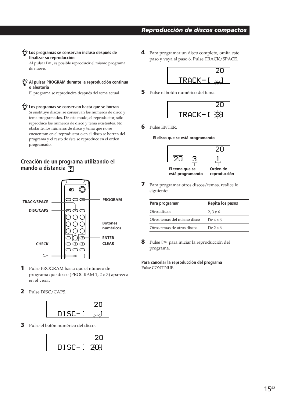 Disc, Disc-[ 2o, Track | Track-[ 3, 2o 3 1 | Sony CDP-CX250 User Manual | Page 61 / 93
