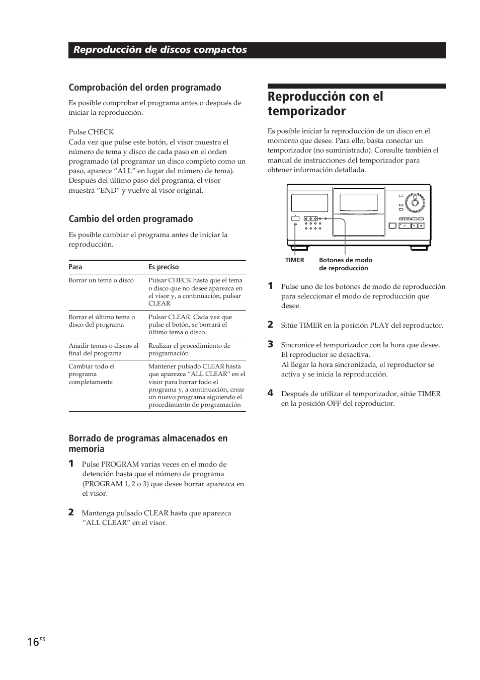 Reproducción con el temporizador, Reproducción de discos compactos, Comprobación del orden programado | Cambio del orden programado | Sony CDP-CX250 User Manual | Page 62 / 93