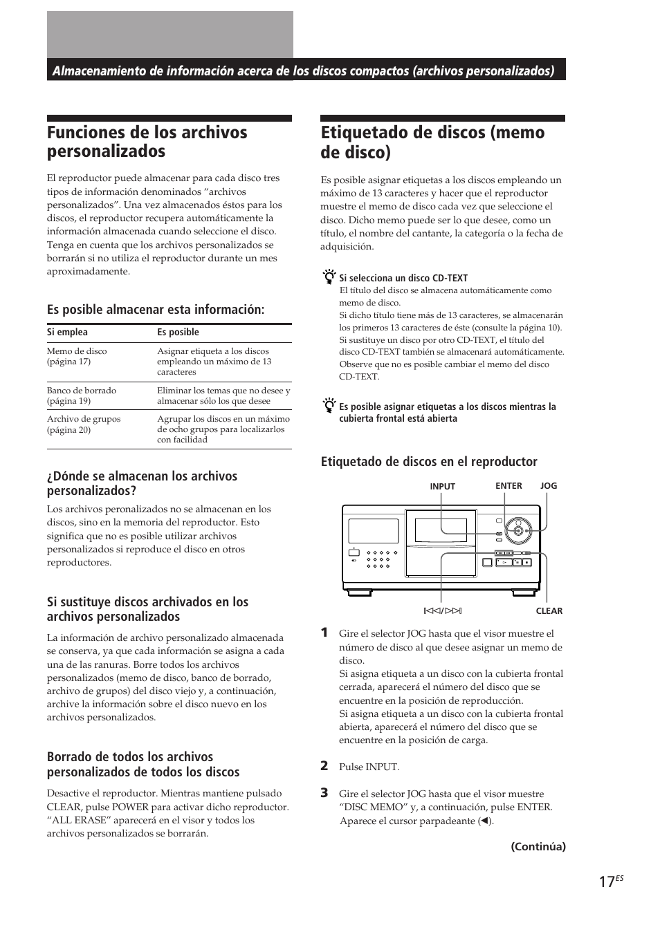 Funciones de los archivos personalizados, Es posible almacenar esta información, Dónde se almacenan los archivos personalizados | Etiquetado de discos en el reproductor | Sony CDP-CX250 User Manual | Page 63 / 93