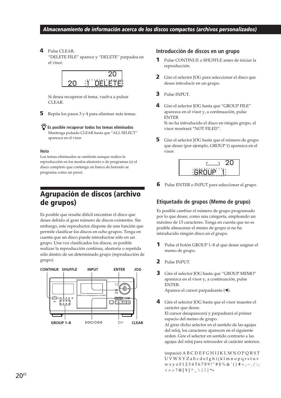 Agrupación de discos (archivo de grupos), Introducción de discos en un grupo 1 | Sony CDP-CX250 User Manual | Page 66 / 93