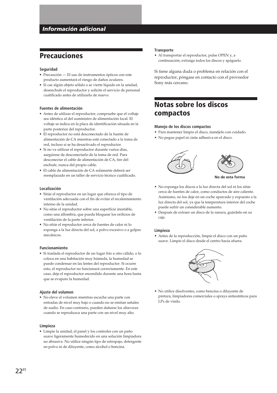 Notas sobre los discos compactos, Precauciones, Información adicional | Sony CDP-CX250 User Manual | Page 68 / 93