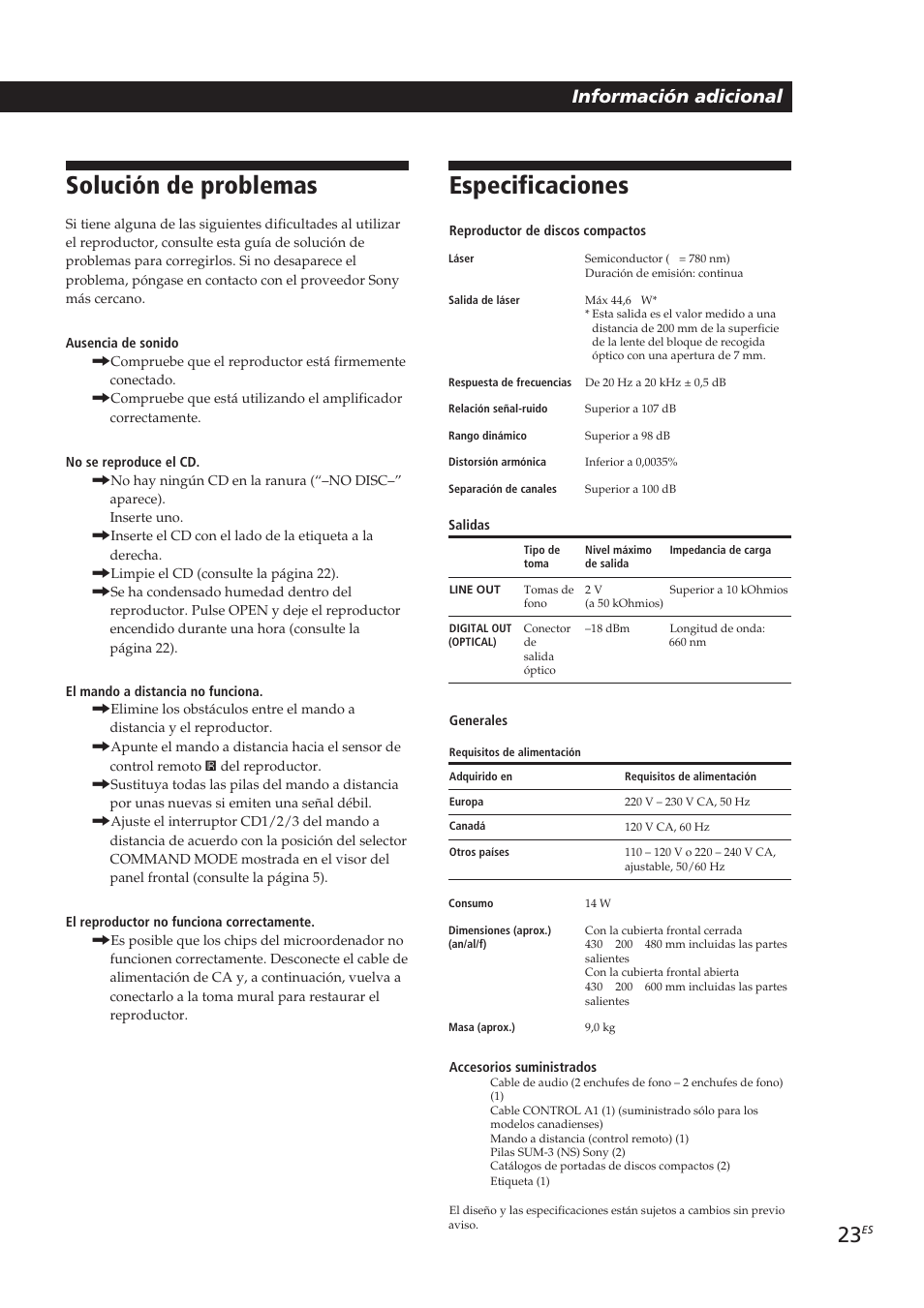 Especificaciones, Solución de problemas, Playing cds in various modes información adicional | Sony CDP-CX250 User Manual | Page 69 / 93