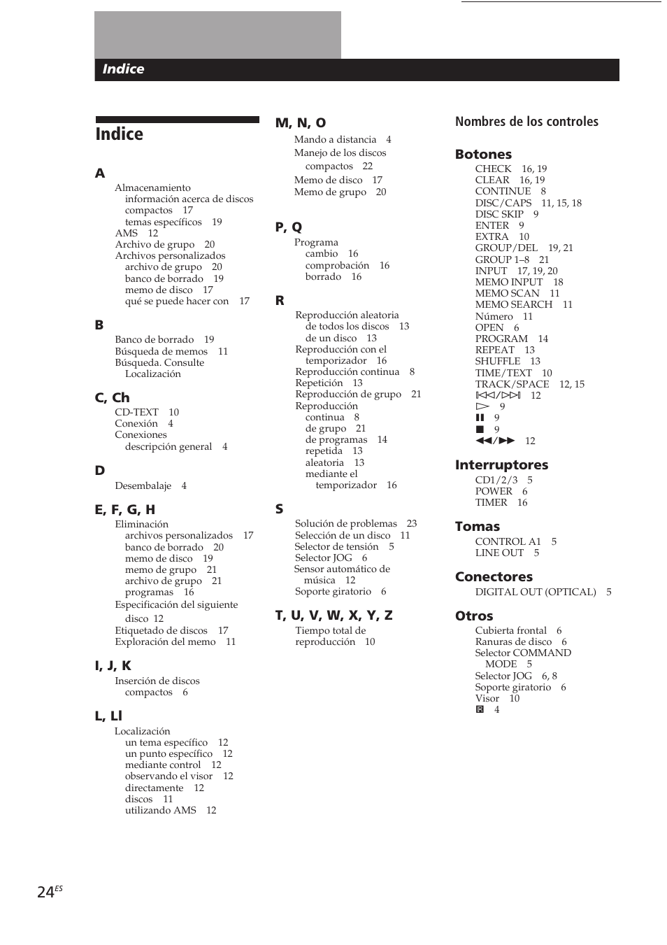 Indice, Indice m, n, o, P, q | T, u, v, w, x, y, z, Nombres de los controles botones, Interruptores, Tomas, Conectores, Otros, C, ch | Sony CDP-CX250 User Manual | Page 70 / 93