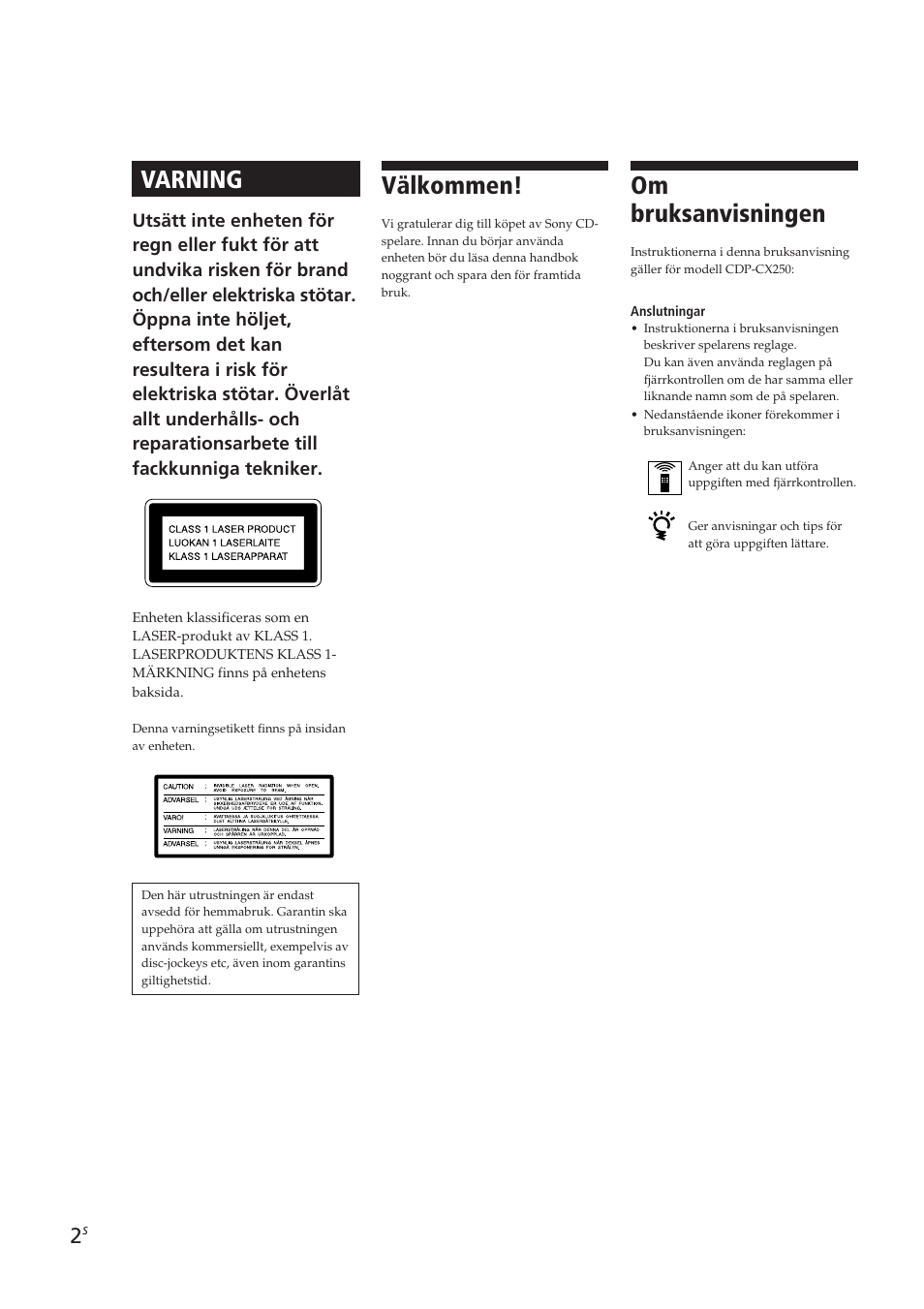 Om bruksanvisningen, Varning, Välkommen | Sony CDP-CX250 User Manual | Page 71 / 93