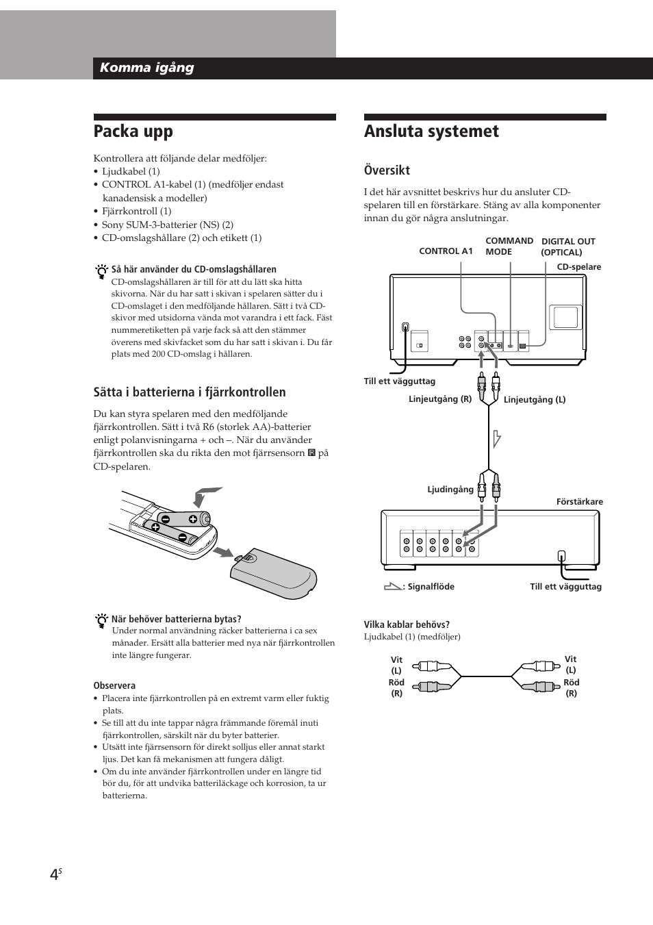 Ansluta systemet, Packa upp, Komma igång | Översikt, Sätta i batterierna i fjärrkontrollen | Sony CDP-CX250 User Manual | Page 73 / 93