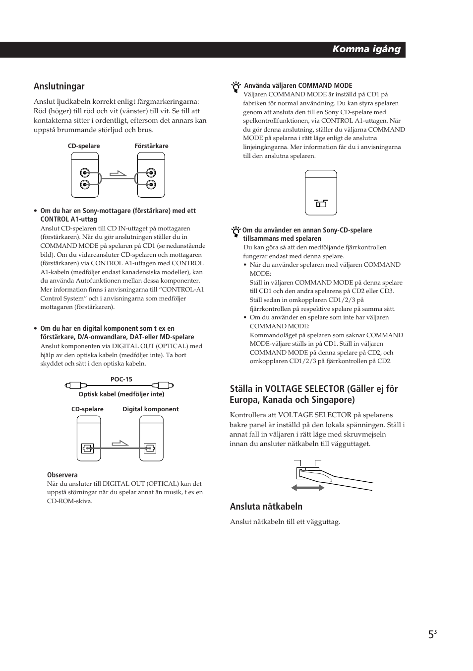 Playing cds getting started komma igång, Anslutningar, Ansluta nätkabeln | Sony CDP-CX250 User Manual | Page 74 / 93