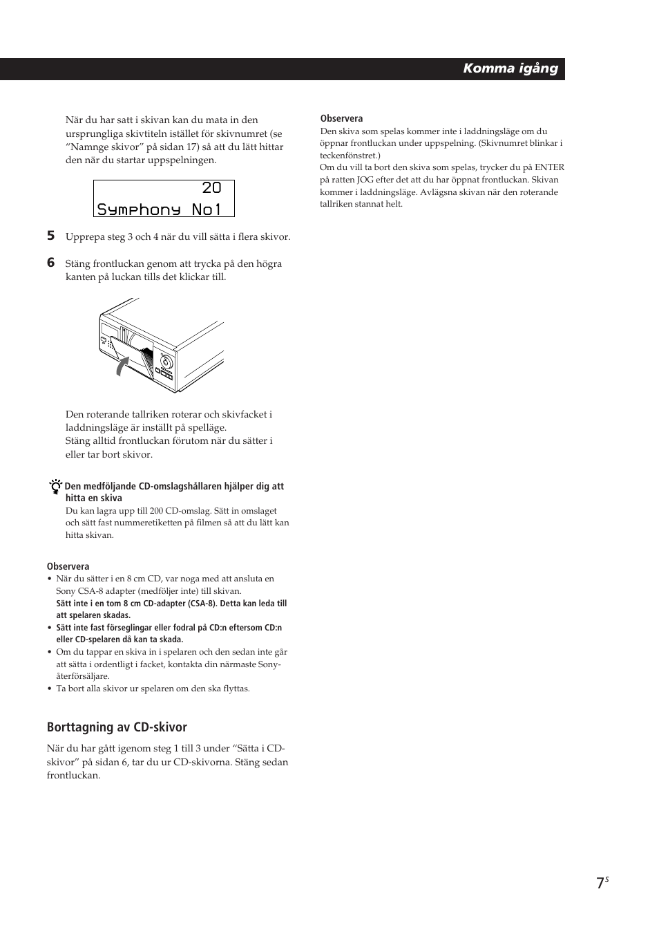 Symphony no1, Playing cds getting started komma igång, Borttagning av cd-skivor | Sony CDP-CX250 User Manual | Page 76 / 93