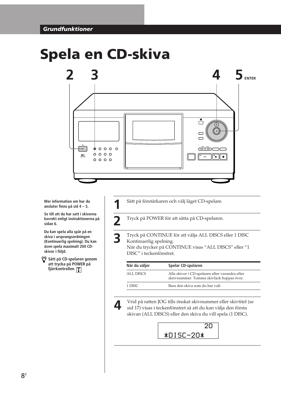 Spela en cd-skiva 2 3, Disc-2o, Grundfunktioner | Sony CDP-CX250 User Manual | Page 77 / 93