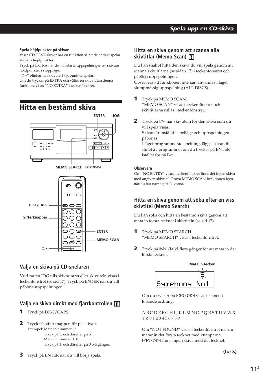 Hitta en bestämd skiva, Symphony no1, Playing cds getting started spela upp en cd-skiva | Välja en skiva på cd-spelaren, Välja en skiva direkt med fjärrkontrollen 1 | Sony CDP-CX250 User Manual | Page 80 / 93