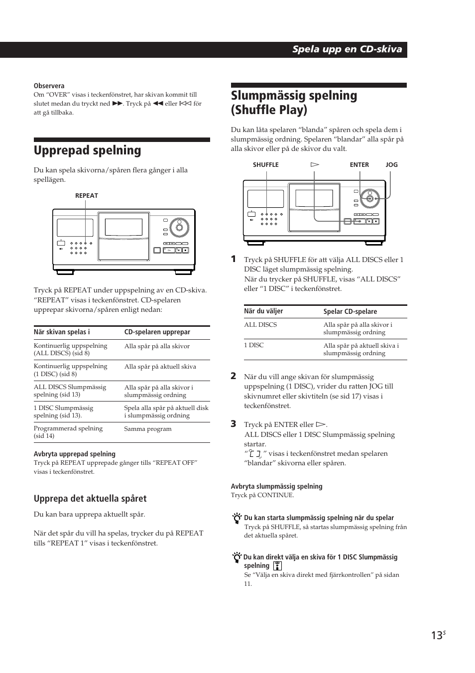 Slumpmässig spelning (shuffle play), Upprepad spelning, Playing cds getting started spela upp en cd-skiva | Upprepa det aktuella spåret | Sony CDP-CX250 User Manual | Page 82 / 93