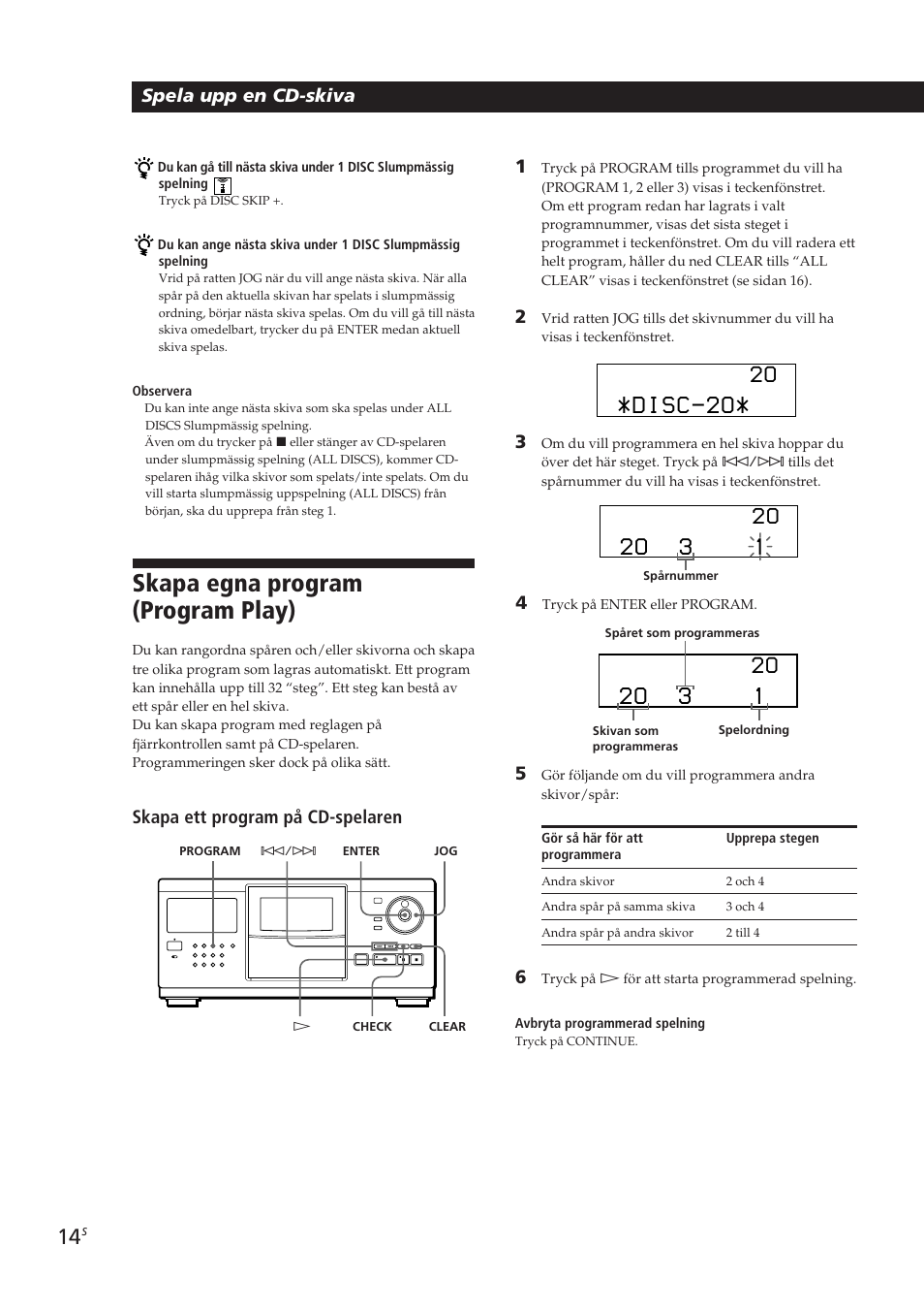 Skapa egna program (program play), Disc-2o, 2o 3 1 | Spela upp en cd-skiva, Skapa ett program på cd-spelaren 1 | Sony CDP-CX250 User Manual | Page 83 / 93