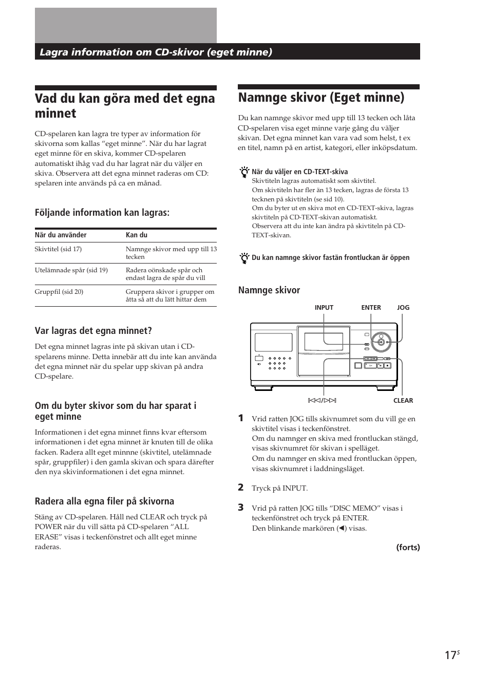 Namnge skivor (eget minne), Vad du kan göra med det egna minnet, Playing cds getting started | Lagra information om cd-skivor (eget minne), Namnge skivor, Följande information kan lagras, Var lagras det egna minnet, Om du byter skivor som du har sparat i eget minne, Radera alla egna filer på skivorna | Sony CDP-CX250 User Manual | Page 86 / 93