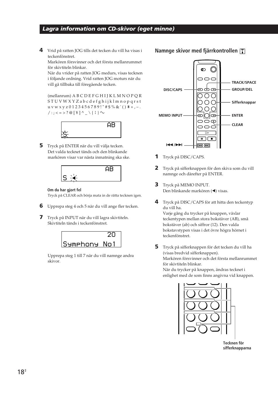 Lagra information om cd-skivor (eget minne), Namnge skivor med fjärrkontrollen | Sony CDP-CX250 User Manual | Page 87 / 93