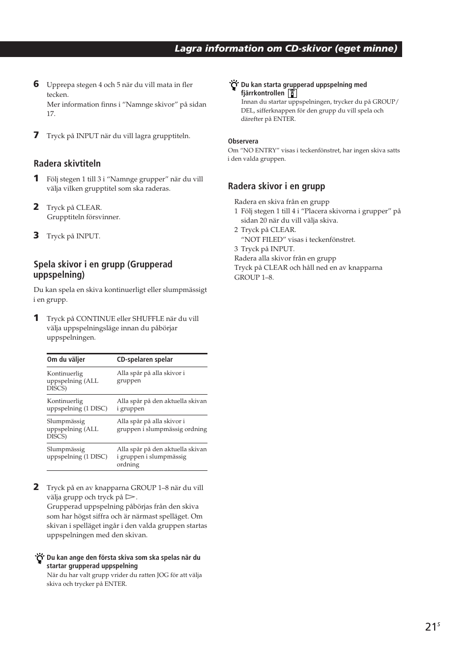 Playing cds getting started, Lagra information om cd-skivor (eget minne) 6, Radera skivtiteln 1 | Spela skivor i en grupp (grupperad uppspelning), Radera skivor i en grupp | Sony CDP-CX250 User Manual | Page 90 / 93