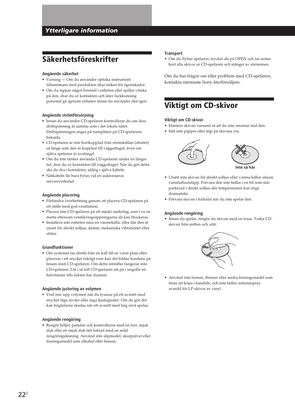 Viktigt om cd-skivor, Säkerhetsföreskrifter, Ytterligare information | Sony CDP-CX250 User Manual | Page 91 / 93