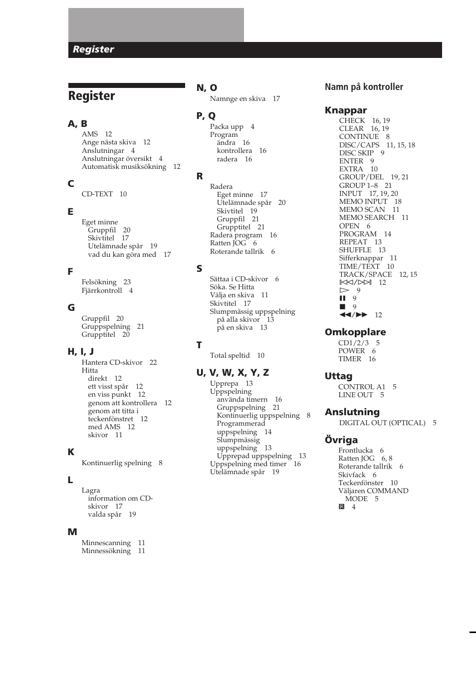 Register, Ytterligare information, A, b | H, i, j, N, o, P, q, U, v, w, x, y, z, Namn på kontroller knappar, Omkopplare, Uttag | Sony CDP-CX250 User Manual | Page 93 / 93