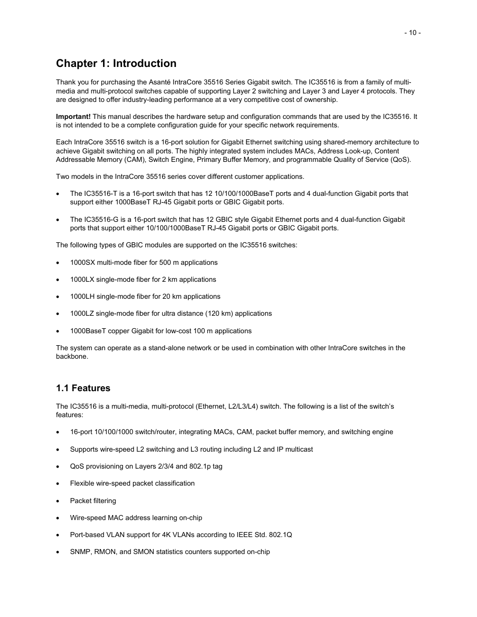 Chapter 1: introduction, 1 features | Asante Technologies 35516 User Manual | Page 10 / 111