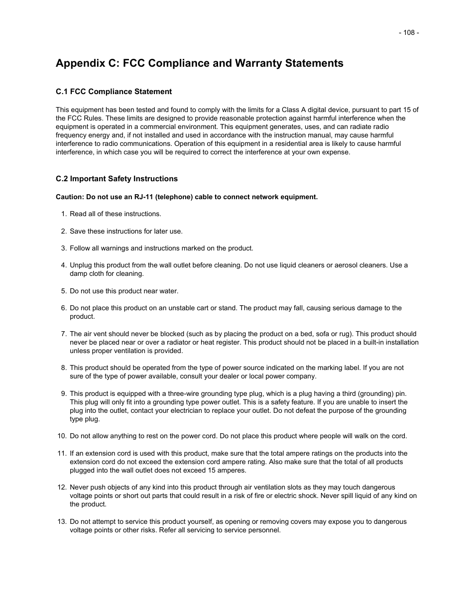 Appendix c: fcc compliance and warranty statements | Asante Technologies 35516 User Manual | Page 108 / 111