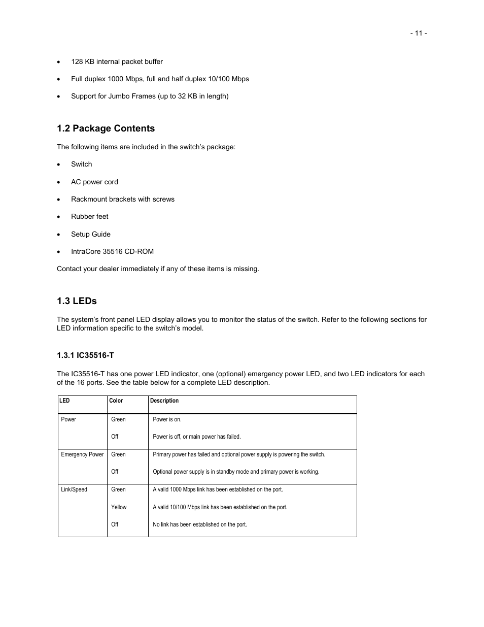 2 package contents, 3 leds | Asante Technologies 35516 User Manual | Page 11 / 111