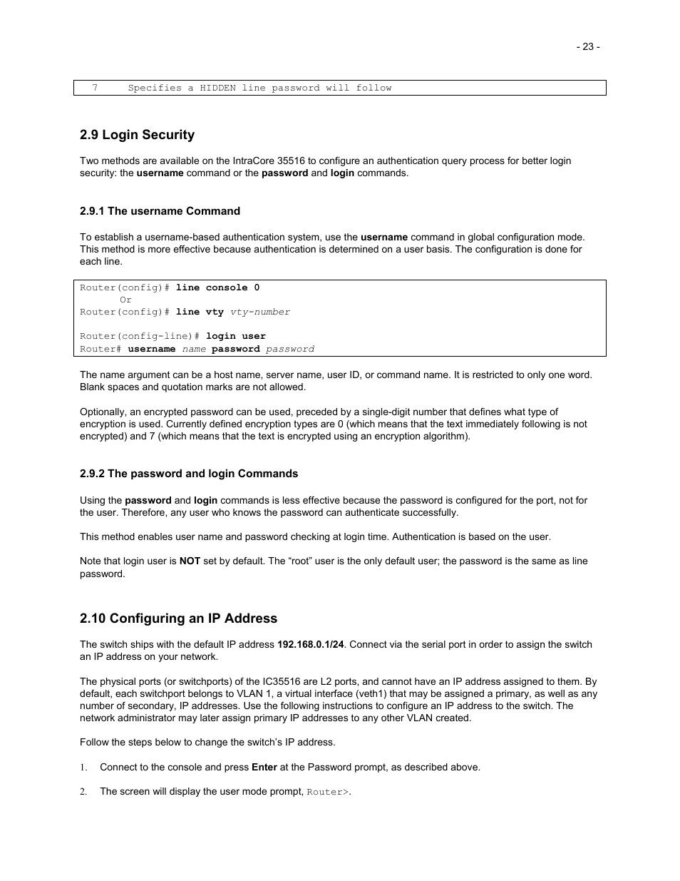 9 login security, 10 configuring an ip address | Asante Technologies 35516 User Manual | Page 23 / 111