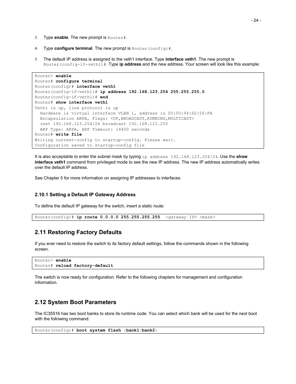 11 restoring factory defaults, 12 system boot parameters | Asante Technologies 35516 User Manual | Page 24 / 111