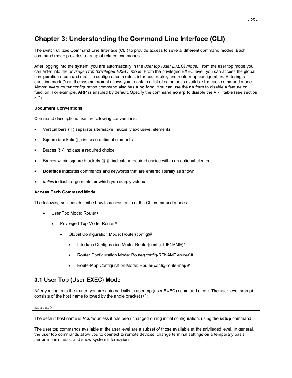 1 user top (user exec) mode | Asante Technologies 35516 User Manual | Page 25 / 111