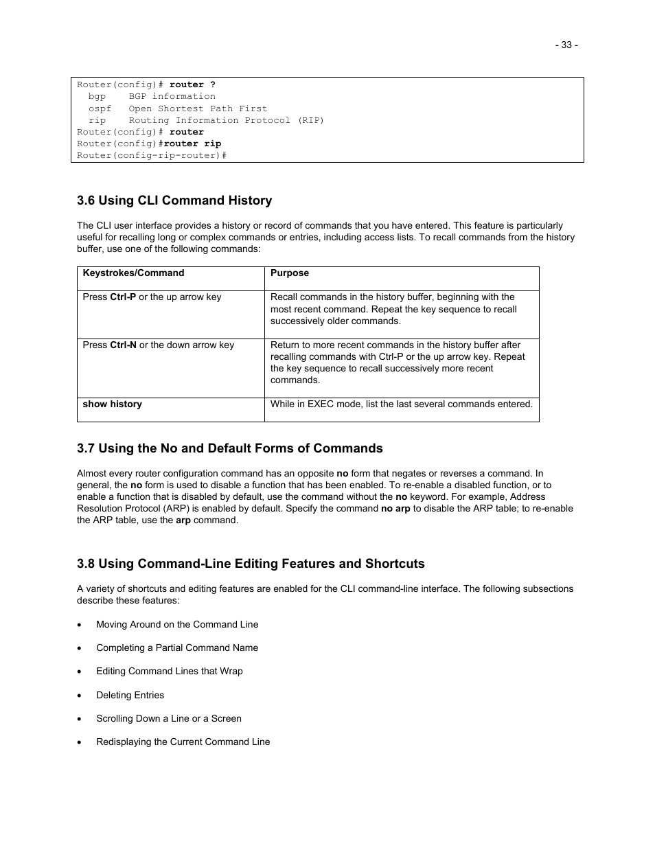 6 using cli command history, 7 using the no and default forms of commands | Asante Technologies 35516 User Manual | Page 33 / 111