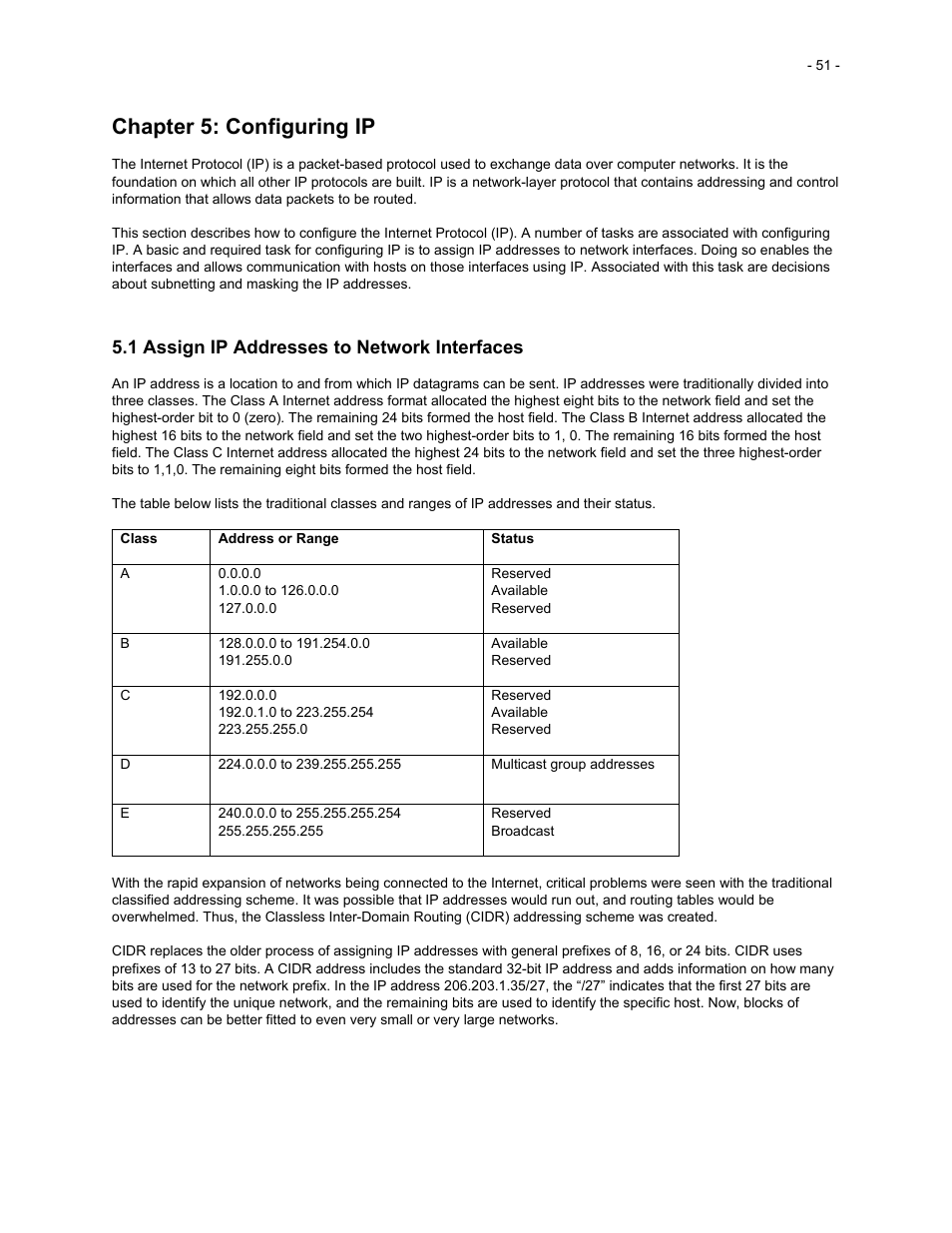 Chapter 5: configuring ip, 1 assign ip addresses to network interfaces | Asante Technologies 35516 User Manual | Page 51 / 111