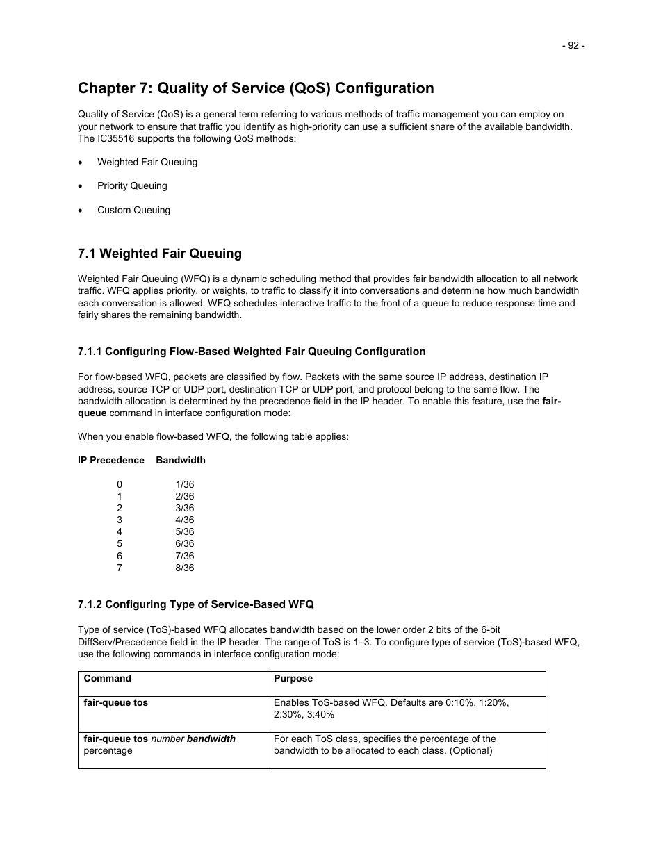 Chapter 7: quality of service (qos) configuration, 1 weighted fair queuing | Asante Technologies 35516 User Manual | Page 92 / 111