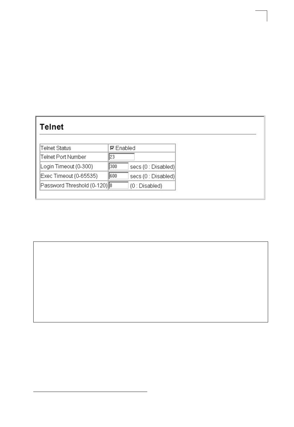 Telnet settings | Asante Technologies 40240/40480-10G User Manual | Page 104 / 792