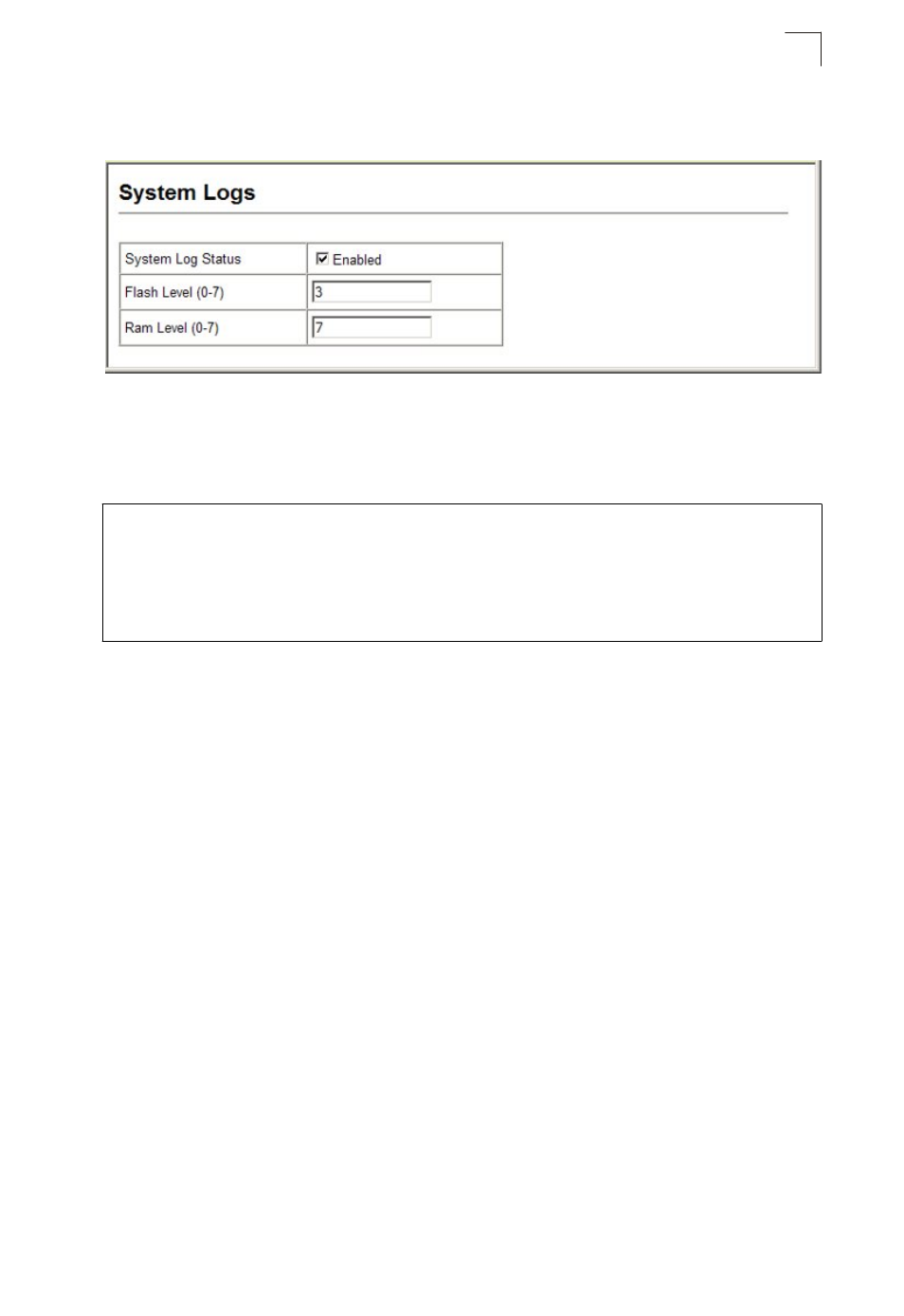 Configuring event logging, System log configuration, Table 4-1 logging | Levels, Remote log configuration | Asante Technologies 40240/40480-10G User Manual | Page 106 / 792