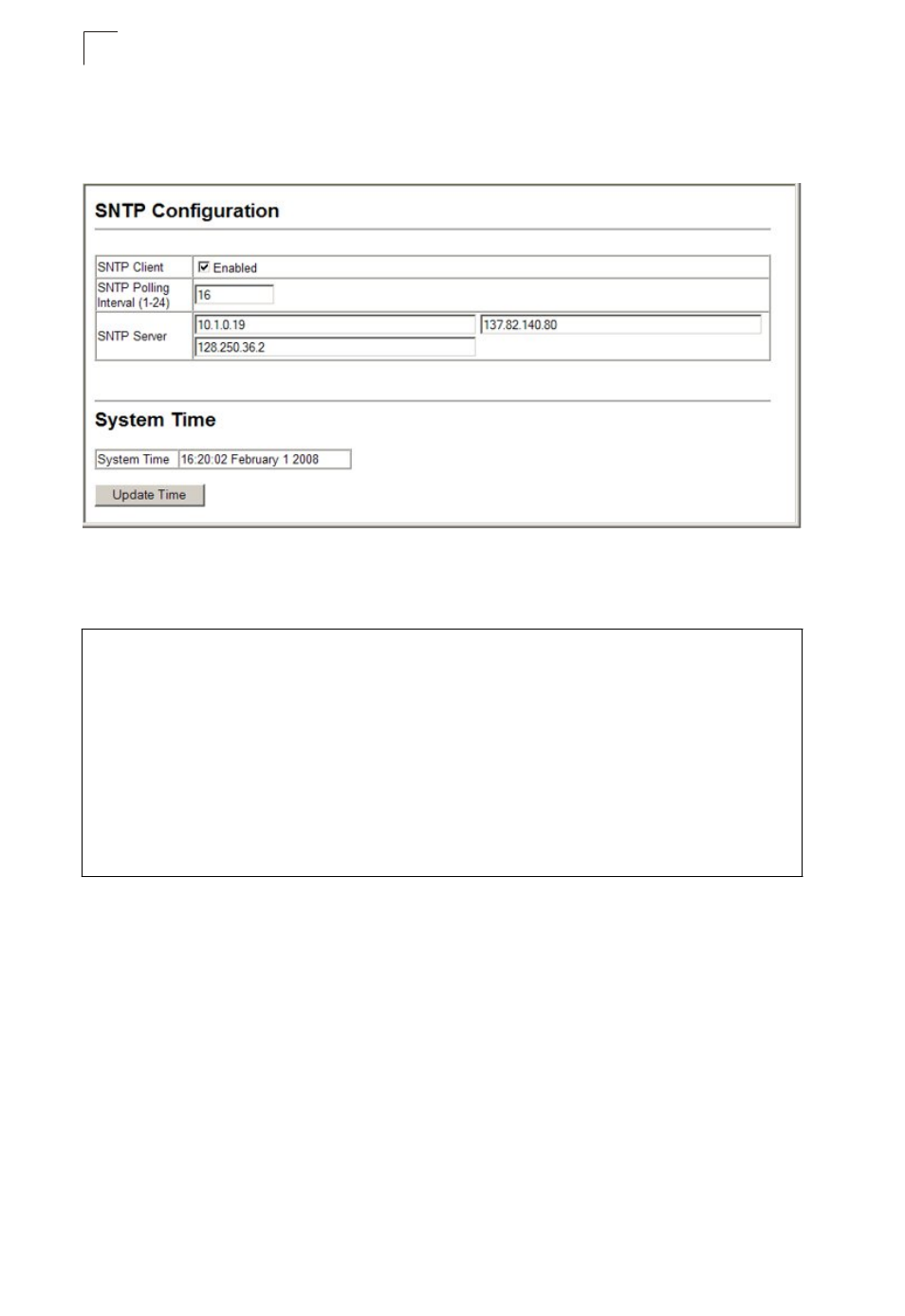 Setting the current time, Configuring sntp, Figure 4-24 current time | Basic management tasks | Asante Technologies 40240/40480-10G User Manual | Page 113 / 792