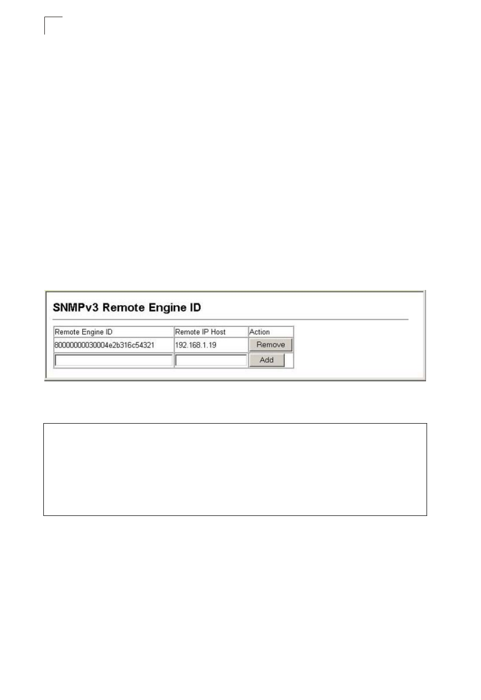 Configuring snmpv3 management access, Setting a local engine id, Figure 5-4 | Setting the snmpv3 engine id, Specifying a remote engine id | Asante Technologies 40240/40480-10G User Manual | Page 125 / 792