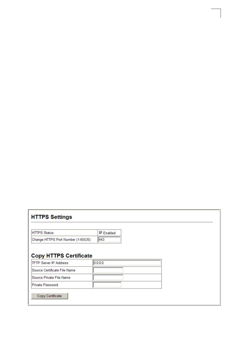 Table 6-1, Https system support, Figure 6-3 | Https settings, Replacing the default secure-site certificate | Asante Technologies 40240/40480-10G User Manual | Page 142 / 792