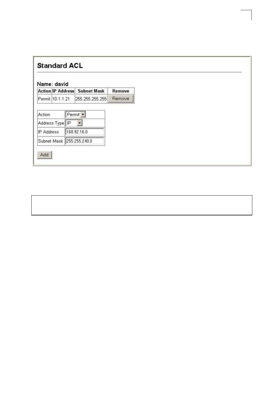 Configuring a standard ipv4 acl, Figure 7-1, Selecting acl type | Configuring an extended ipv4 acl | Asante Technologies 40240/40480-10G User Manual | Page 166 / 792