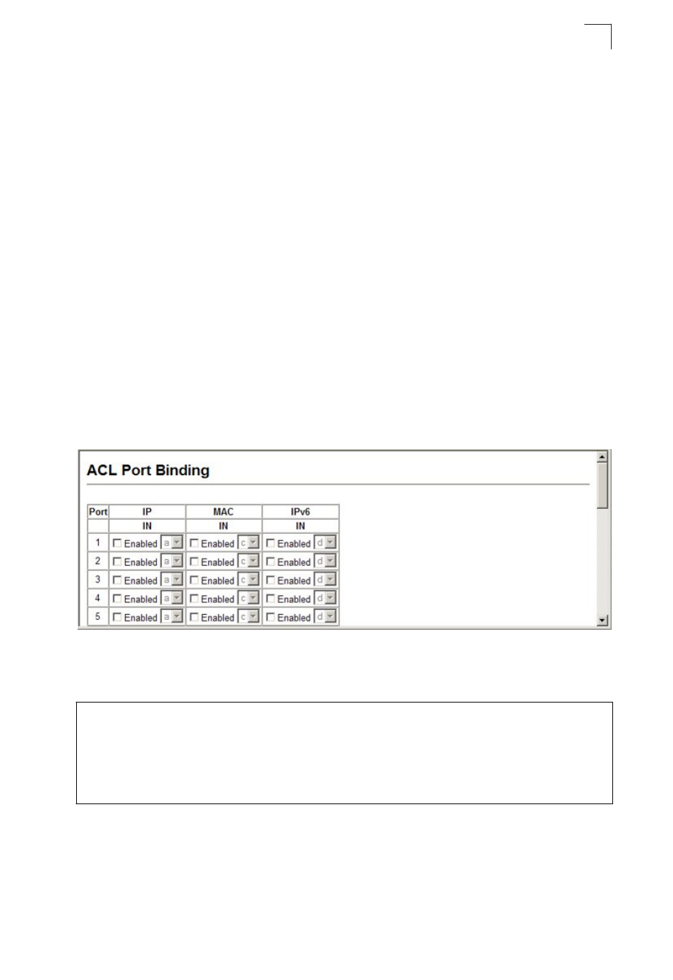 Figure 7-6, Acl configuration - extended ipv6, Binding a port to an access control list | Asante Technologies 40240/40480-10G User Manual | Page 174 / 792