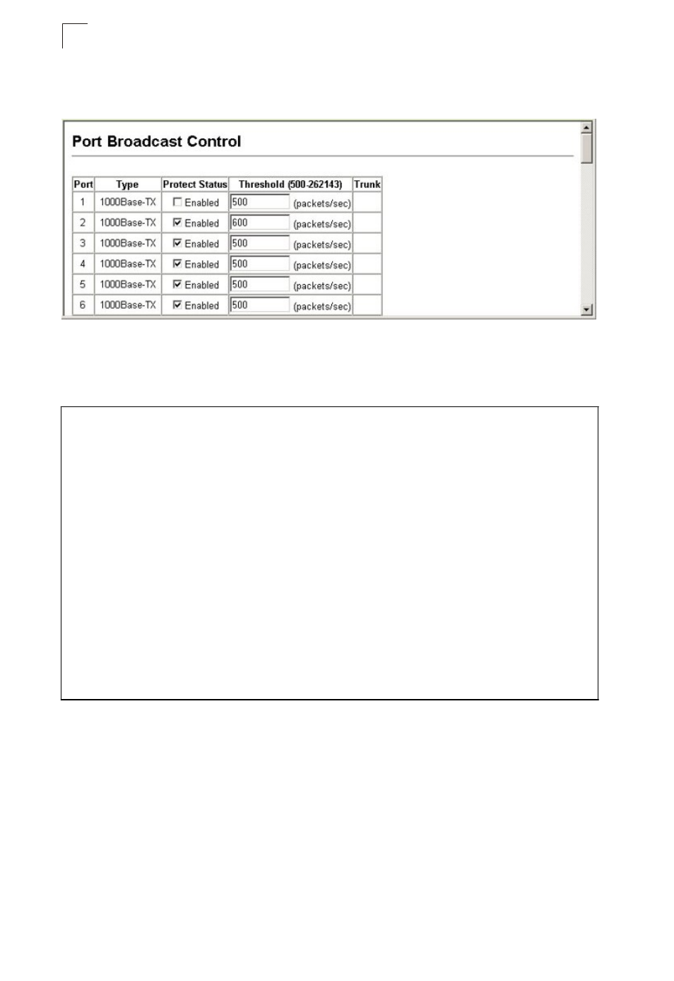Setting broadcast storm thresholds, Port configuration | Asante Technologies 40240/40480-10G User Manual | Page 193 / 792
