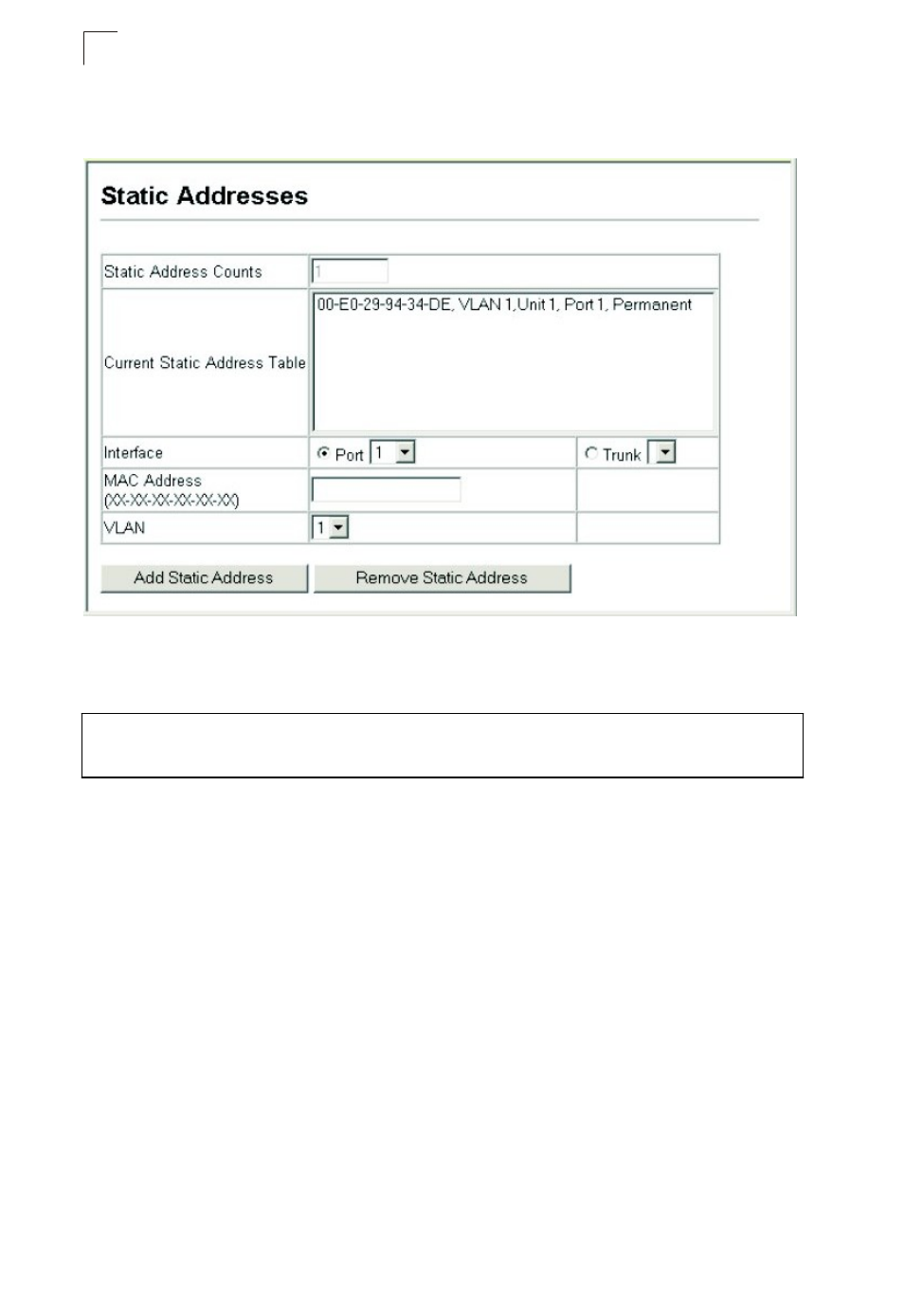 Chapter 9: address table settings, Setting static addresses, Gmrp: disabled | Displaying the address table | Asante Technologies 40240/40480-10G User Manual | Page 203 / 792