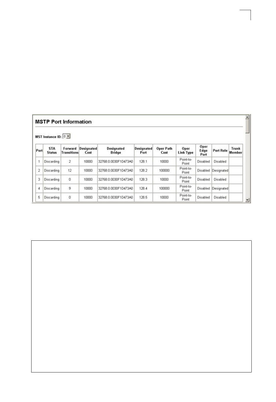 Displaying interface settings for mstp | Asante Technologies 40240/40480-10G User Manual | Page 224 / 792