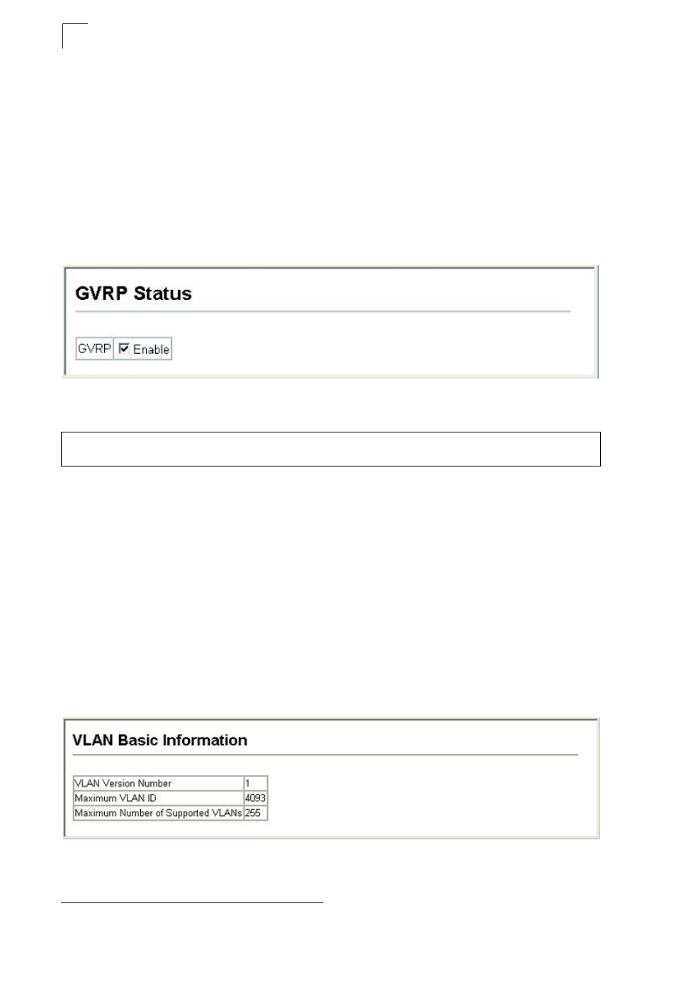 Displaying basic vlan information, Enabling or disabling gvrp (global setting) | Asante Technologies 40240/40480-10G User Manual | Page 231 / 792